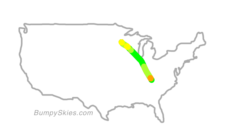 Map of continental US with illustrated flight path and turbulence forecast (described in text below)