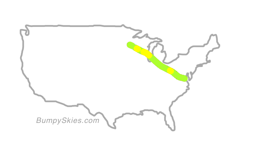 Map of continental US with illustrated flight path and turbulence forecast (described in text below)