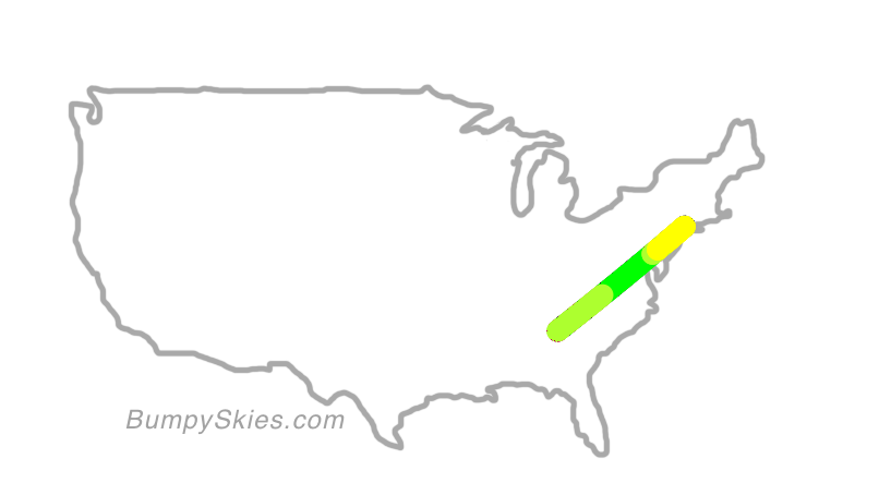 Map of continental US with illustrated flight path and turbulence forecast (described in text below)