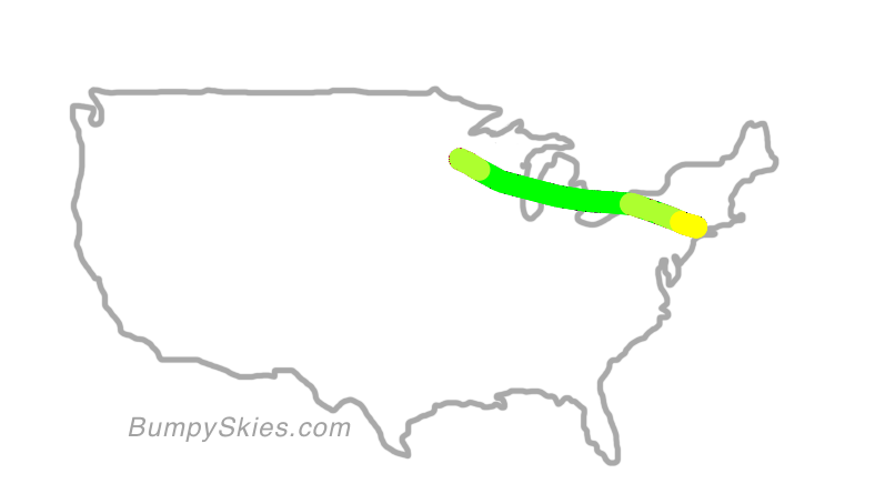 Map of continental US with illustrated flight path and turbulence forecast (described in text below)