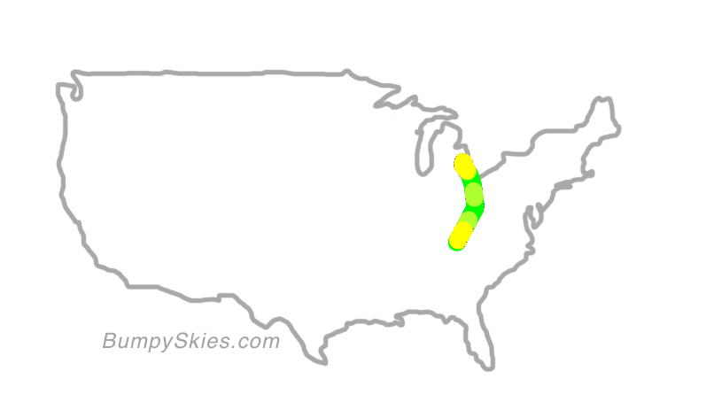 Map of continental US with illustrated flight path and turbulence forecast (described in text below)