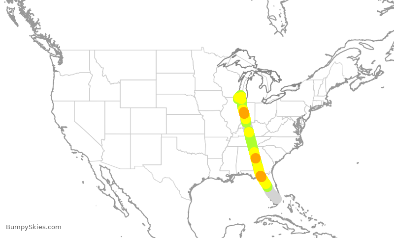 Turbulence forecast map for EJA131, OPF to PWK