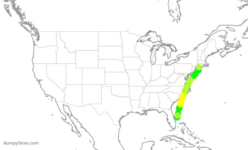 Turbulence forecast map for EJM290, OXC to PBI