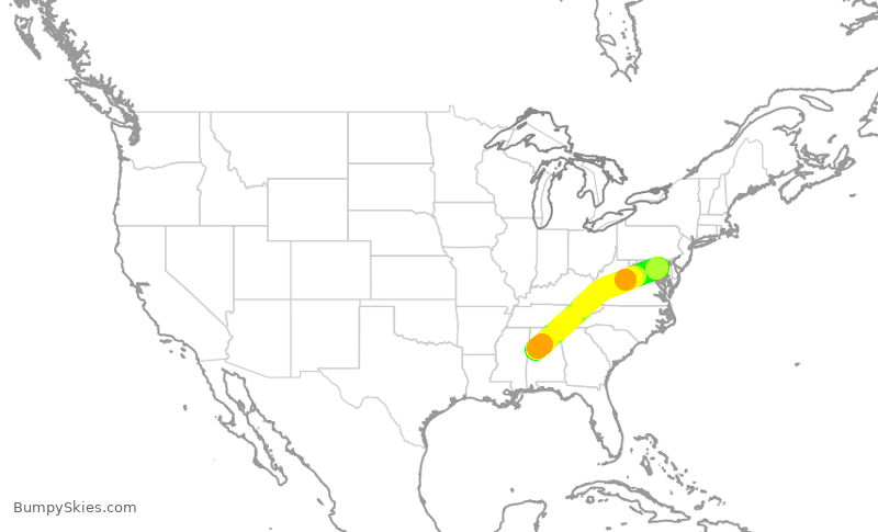 Turbulence forecast map for EJM54, TCL to BWI