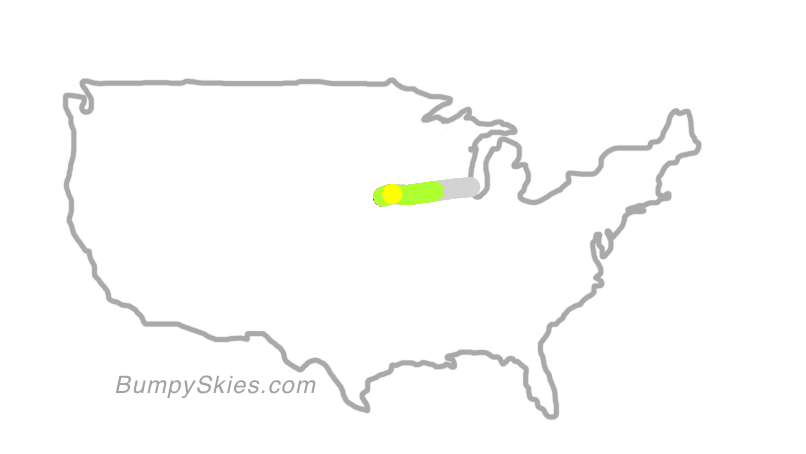 Map of continental US with illustrated flight path and turbulence forecast (described in text below)