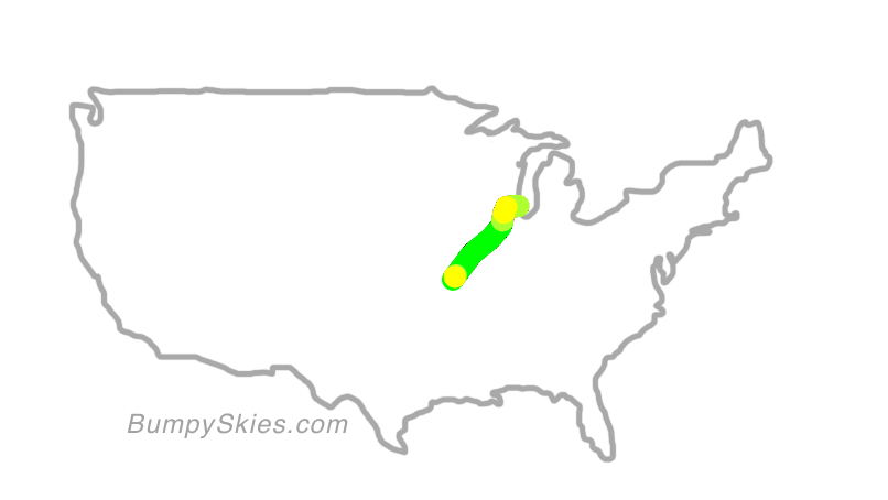 Map of continental US with illustrated flight path and turbulence forecast (described in text below)