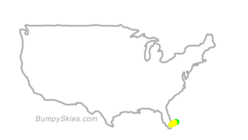 Map of continental US with illustrated flight path and turbulence forecast (described in text below)