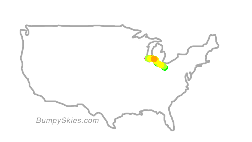 Map of continental US with illustrated flight path and turbulence forecast (described in text below)