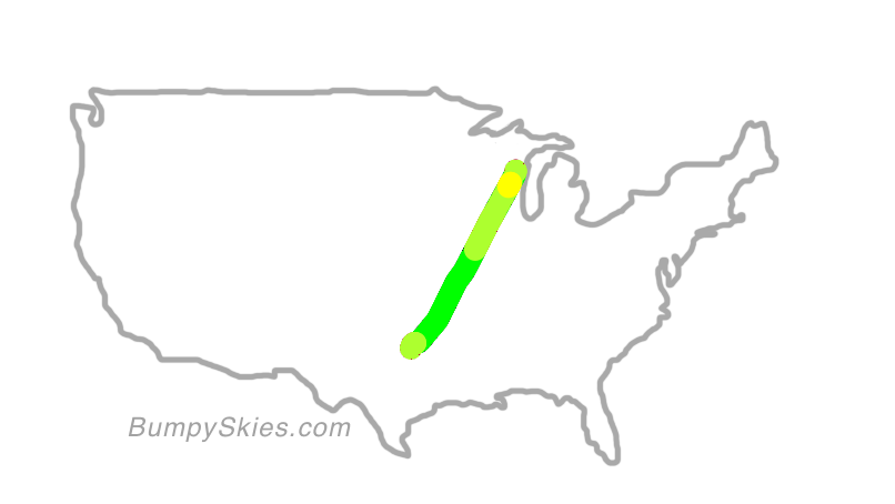 Map of continental US with illustrated flight path and turbulence forecast (described in text below)