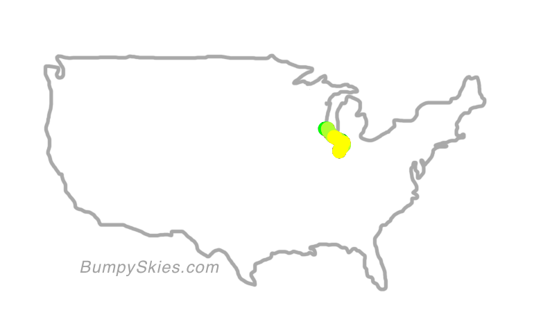 Map of continental US with illustrated flight path and turbulence forecast (described in text below)