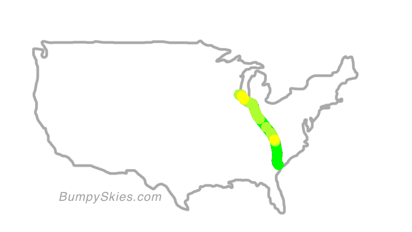 Map of continental US with illustrated flight path and turbulence forecast (described in text below)