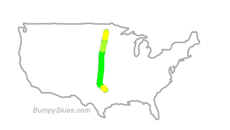 Map of continental US with illustrated flight path and turbulence forecast (described in text below)