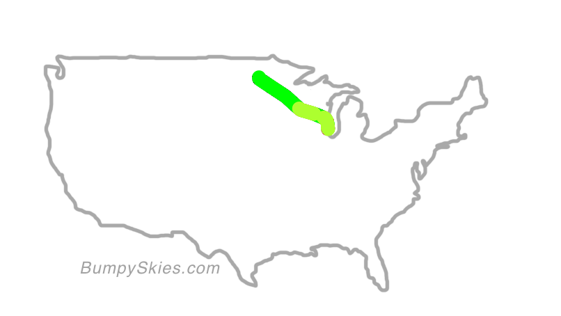 Map of continental US with illustrated flight path and turbulence forecast (described in text below)