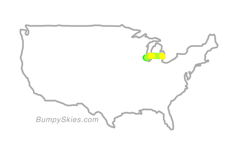 Map of continental US with illustrated flight path and turbulence forecast (described in text below)