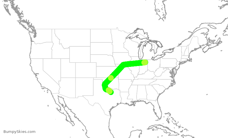 Turbulence forecast map for ENY3399, FWA to DFW