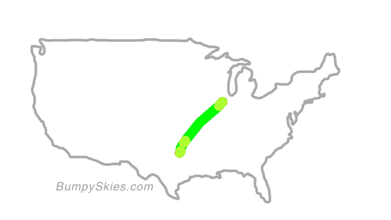 Map of continental US with illustrated flight path and turbulence forecast (described in text below)