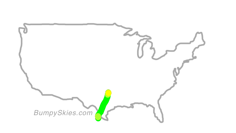 Map of continental US with illustrated flight path and turbulence forecast (described in text below)
