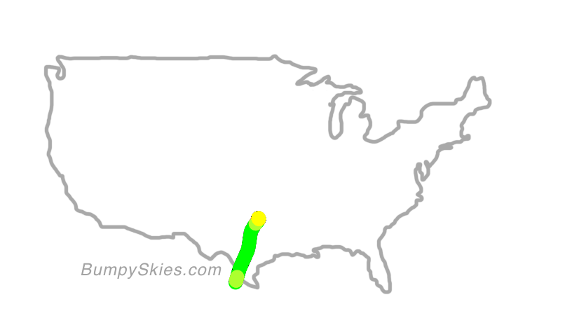 Map of continental US with illustrated flight path and turbulence forecast (described in text below)