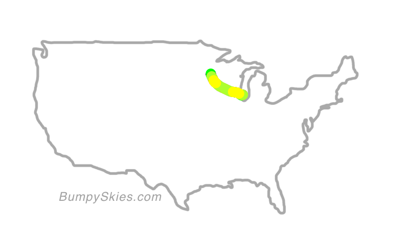 Map of continental US with illustrated flight path and turbulence forecast (described in text below)