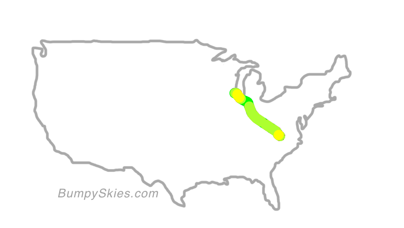 Map of continental US with illustrated flight path and turbulence forecast (described in text below)