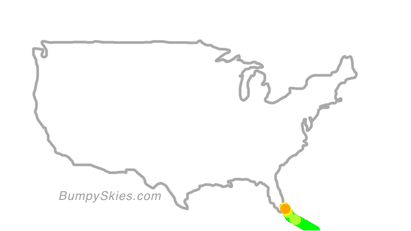 Map of continental US with illustrated flight path and turbulence forecast (described in text below)
