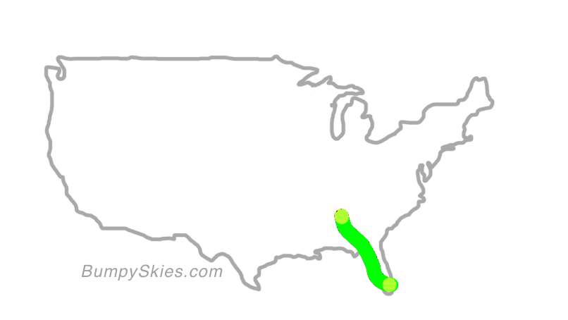 Map of continental US with illustrated flight path and turbulence forecast (described in text below)