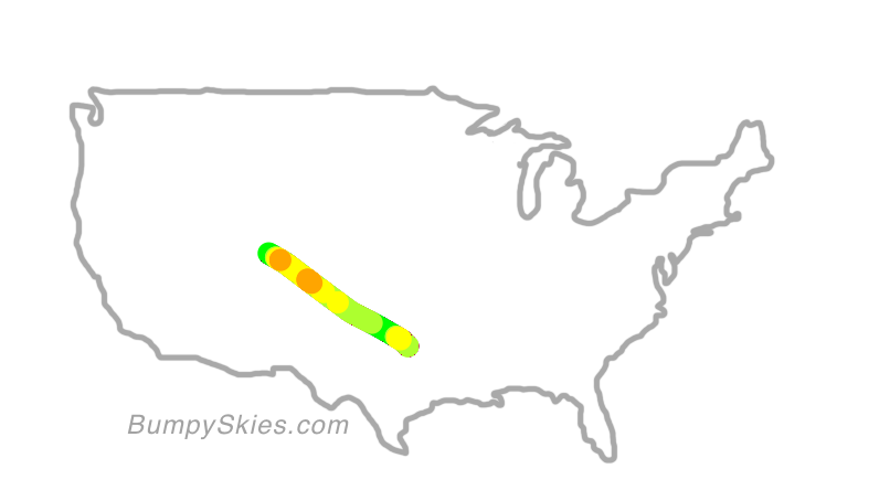Map of continental US with illustrated flight path and turbulence forecast (described in text below)