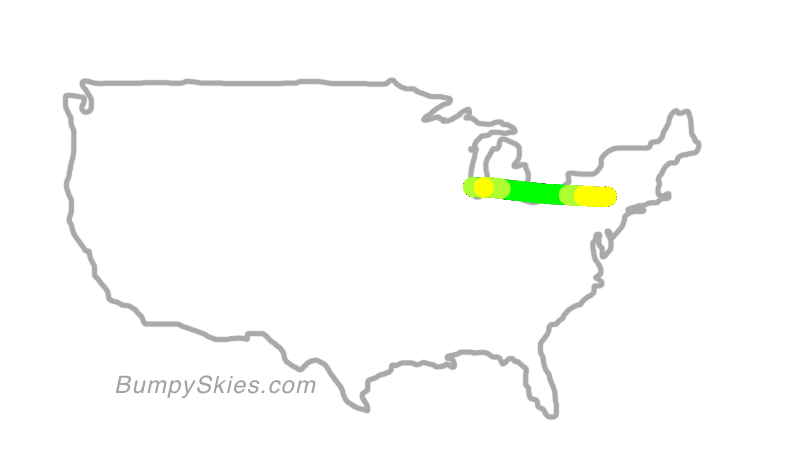 Map of continental US with illustrated flight path and turbulence forecast (described in text below)