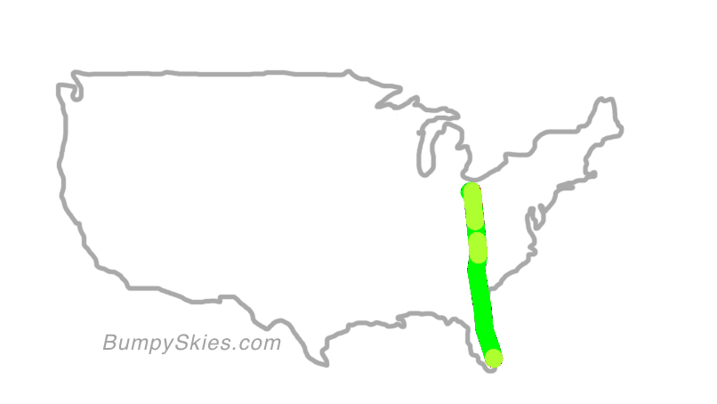 Map of continental US with illustrated flight path and turbulence forecast (described in text below)