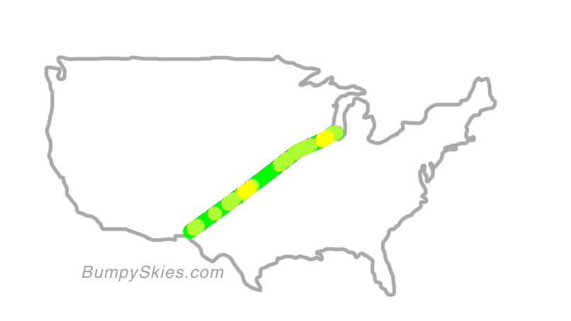 Map of continental US with illustrated flight path and turbulence forecast (described in text below)
