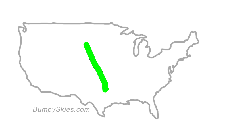Map of continental US with illustrated flight path and turbulence forecast (described in text below)