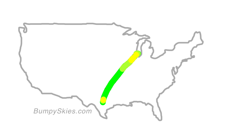 Map of continental US with illustrated flight path and turbulence forecast (described in text below)