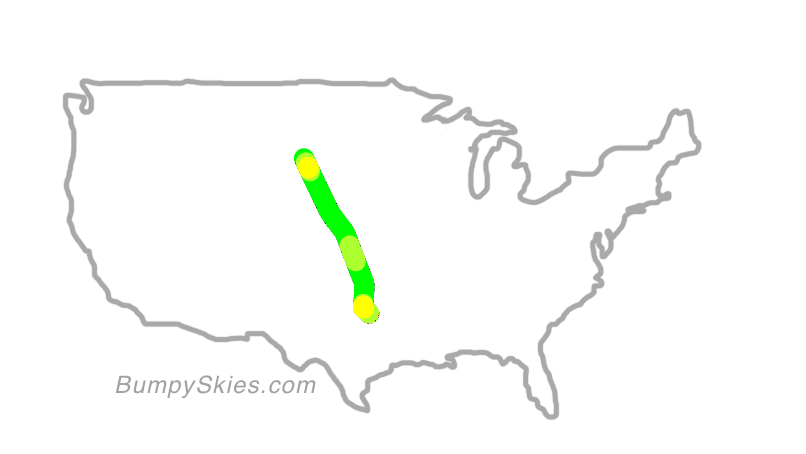 Map of continental US with illustrated flight path and turbulence forecast (described in text below)