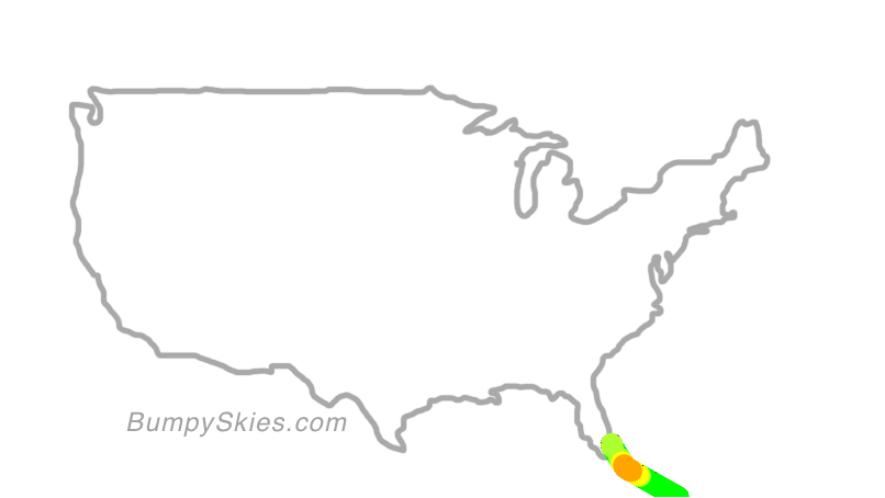 Map of continental US with illustrated flight path and turbulence forecast (described in text below)
