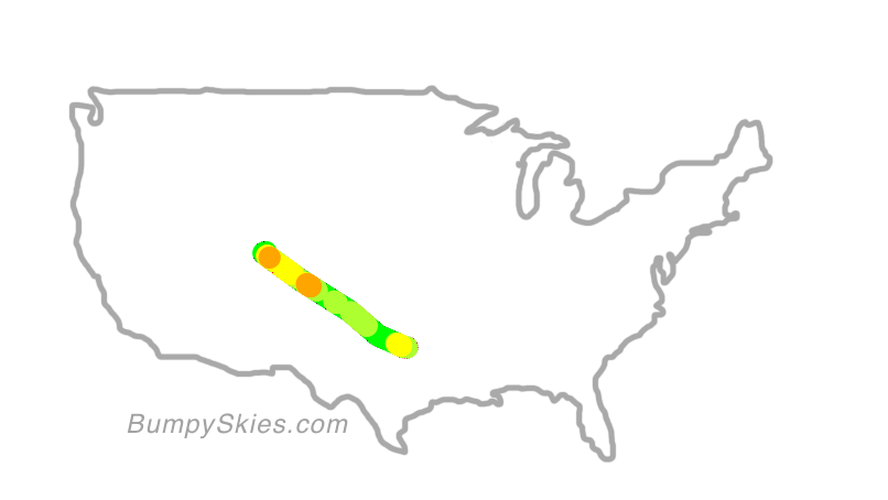 Map of continental US with illustrated flight path and turbulence forecast (described in text below)