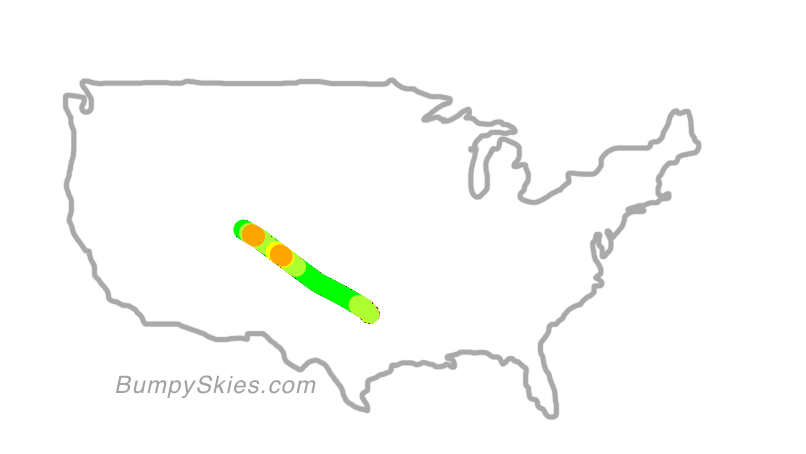 Map of continental US with illustrated flight path and turbulence forecast (described in text below)