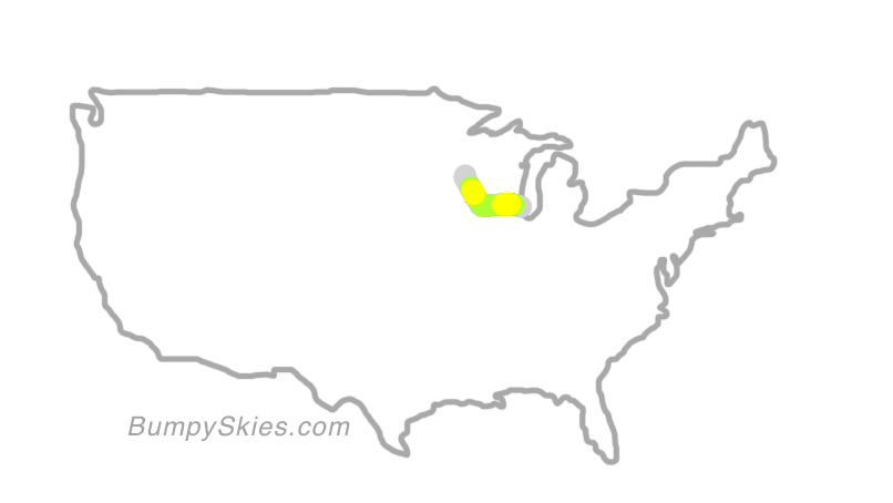 Map of continental US with illustrated flight path and turbulence forecast (described in text below)