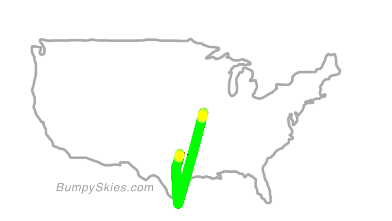 Map of continental US with illustrated flight path and turbulence forecast (described in text below)