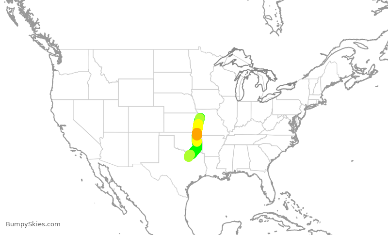 Turbulence forecast map for ENY3471, MCI to DFW