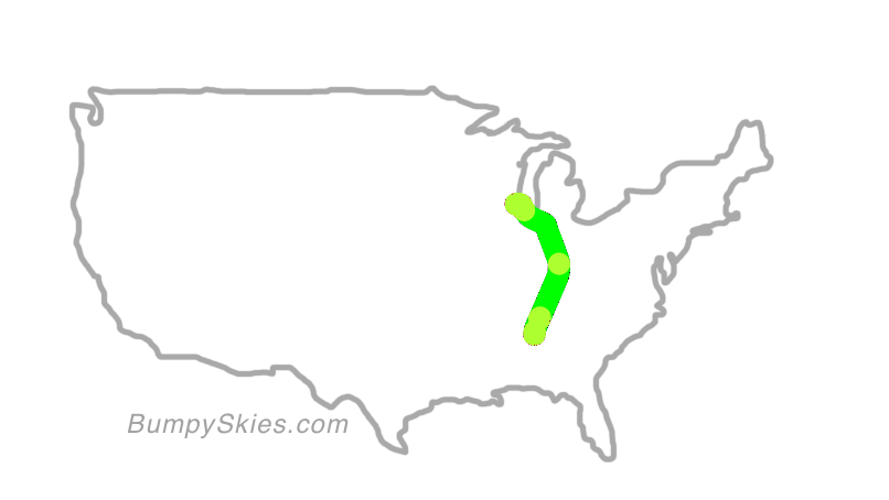 Map of continental US with illustrated flight path and turbulence forecast (described in text below)