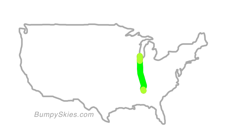 Map of continental US with illustrated flight path and turbulence forecast (described in text below)