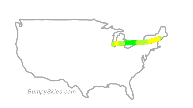 Map of continental US with illustrated flight path and turbulence forecast (described in text below)