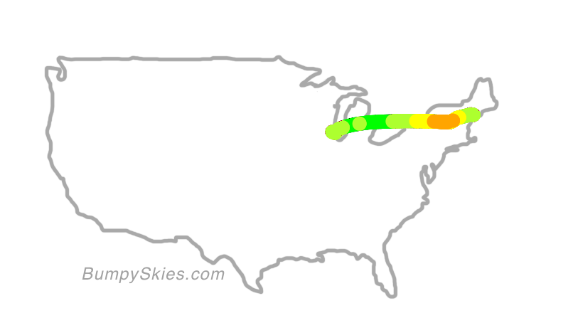 Map of continental US with illustrated flight path and turbulence forecast (described in text below)