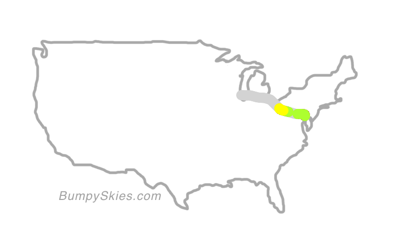 Map of continental US with illustrated flight path and turbulence forecast (described in text below)