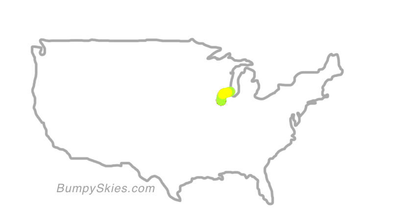 Map of continental US with illustrated flight path and turbulence forecast (described in text below)