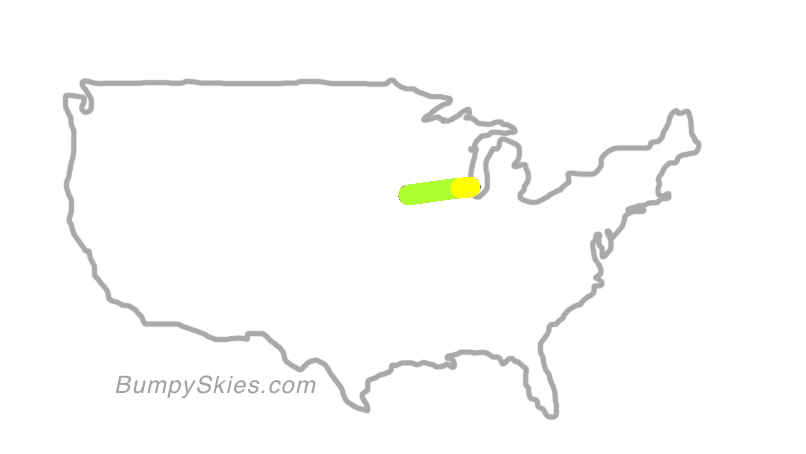 Map of continental US with illustrated flight path and turbulence forecast (described in text below)