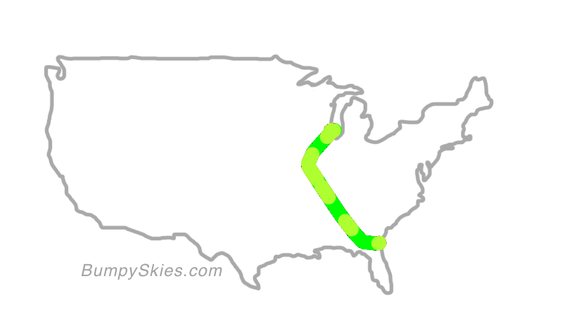 Map of continental US with illustrated flight path and turbulence forecast (described in text below)