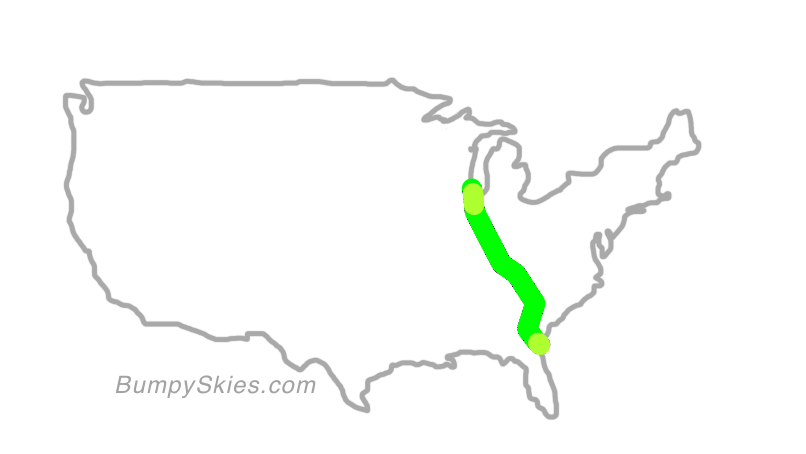 Map of continental US with illustrated flight path and turbulence forecast (described in text below)