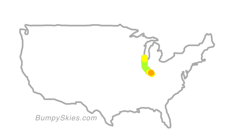 Map of continental US with illustrated flight path and turbulence forecast (described in text below)