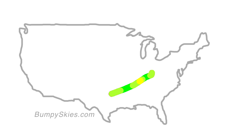 Map of continental US with illustrated flight path and turbulence forecast (described in text below)